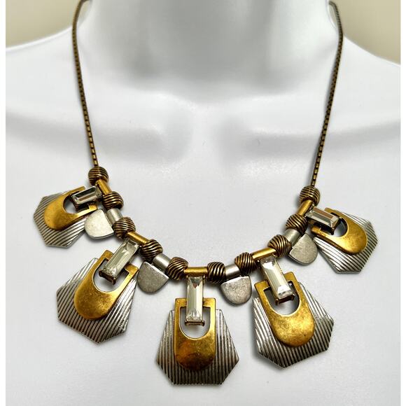 J. Crew Deco Style Two-Tone & Crystal Statement Necklace - Picture 1 of 6
